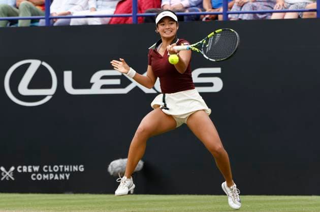 28th June 2025; Devonshire Park, Eastbourne, East Sussex, England; Lexus International Eastbourne, Day 6; Alexandra Eala (PHI) plays a forehand shot against Maya joint (AUS) in the womens singles final match  ActionPlus12806294 HongboxChen