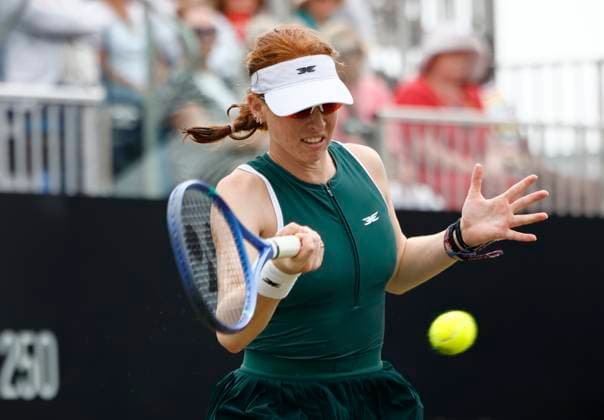 28th June 2025; Devonshire Park, Eastbourne, East Sussex, England; Lexus International Eastbourne, Day 6; Maya Joint (AUS) plays a forehand shot against Alexandra Eala (PHI) in the womens singles final match  ActionPlus12806296 HongboxChen