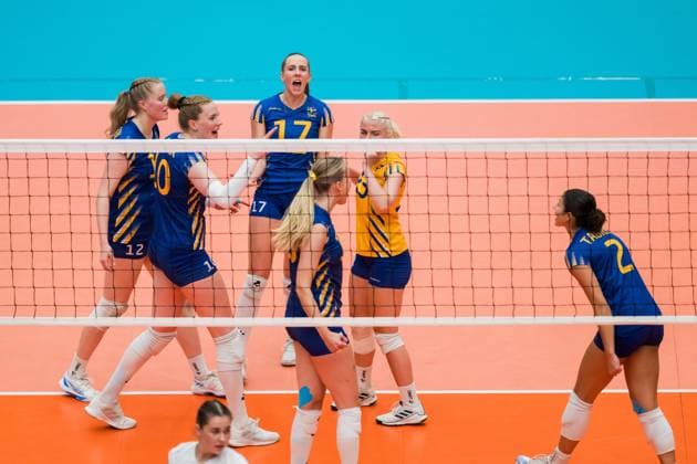 250628 Hilda Gustafsson, Isabelle Haak and Anna Haak of Sweden celebrates during the Women s European Golden League semifinal volleyball match between Sweden and Ukraine on June 28, 2025 in Ängelholm Photo Petter Arvidson BILDBYRAN kod PA PA1041 volleyball volleyball european golden league semifinal semifinals sverige ukraine sweden dam bbeng ukraina jubel  Copyright: PETTERxARVIDSON BB250628PA066