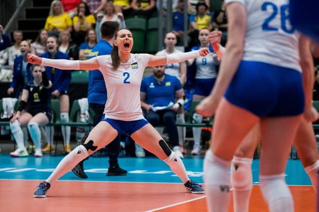 250628 Diana Meliushkyna of Ukraine celebrates during Women s European Golden League semifinal volleyball match between Sweden and Ukraine on June 28, 2025 in Ängelholm Photo Petter Arvidson BILDBYRAN kod PA PA1041 volleyball volleyball european golden league semifinal semifinals sverige ukraine sweden dam bbeng ukraina jubel  Copyright: PETTERxARVIDSON BB250628PA070