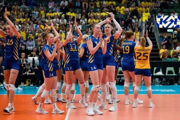 250628 Hanna Hellvig and Isabelle Haak of Sweden looks dejected after Women s European Golden League semifinal volleyball match between Sweden and Ukraine on June 28, 2025 in Ängelholm Photo Petter Arvidson BILDBYRAN kod PA PA1041 volleyball volleyball european golden league semifinal semifinals sverige ukraine sweden dam bbeng ukraina depp  Copyright: PETTERxARVIDSON BB250628PA073