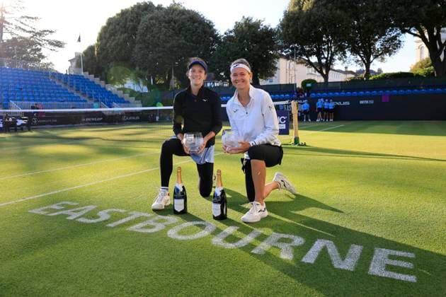 28th June 2025; Devonshire Park, Eastbourne, East Sussex, England; Lexus International Eastbourne, Day 6; Marie Bouzkova (CZE) and Anna Danilina (KAZ) with their womens doubles winners trophies  ActionPlus12806376 HongboxChen