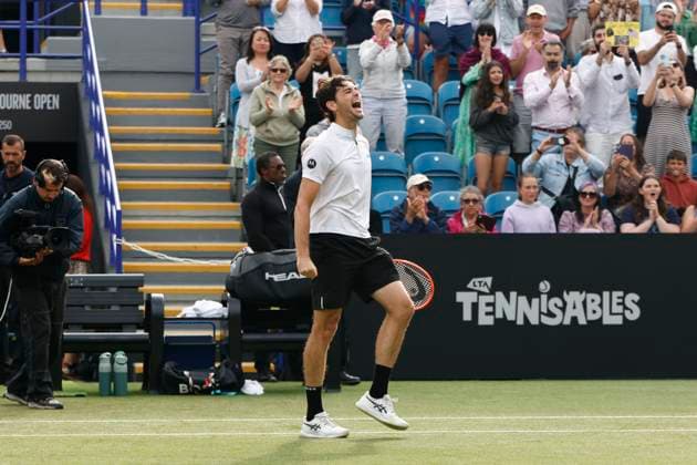 28th June 2025; Devonshire Park, Eastbourne, East Sussex, England; Lexus International Eastbourne, Day 6; Taylor Fritz (USA) celebrates his victory after defeating Jensen Brooksby (USA) in the mens singles final match  ActionPlus12806402 HongboxChen