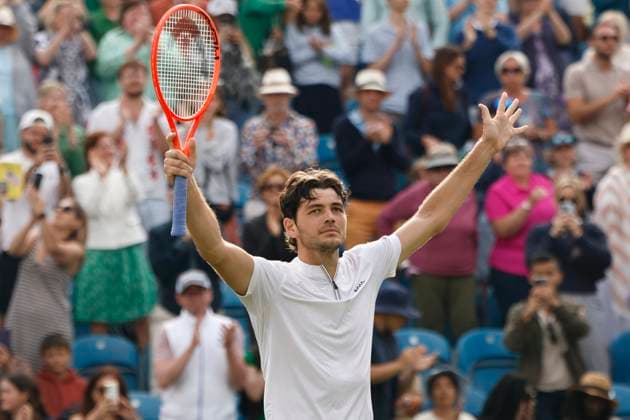 28th June 2025; Devonshire Park, Eastbourne, East Sussex, England; Lexus International Eastbourne, Day 6; Taylor Fritz (USA) celebrates his victory after defeating Jensen Brooksby (USA) in the mens singles final match  ActionPlus12806403 HongboxChen