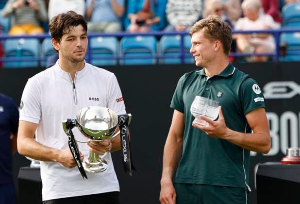 28th June 2025; Devonshire Park, Eastbourne, East Sussex, England; Lexus International Eastbourne, Day 6; Winner Taylor Fritz (USA) talks to Jensen Brooksby (USA) after the mens singles final match  ActionPlus12806411 HongboxChen