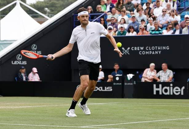 28th June 2025; Devonshire Park, Eastbourne, East Sussex, England; Lexus International Eastbourne, Day 6; Taylor Fritz (USA) plays a forehand shot against Jensen Brooksby (USA) in the mens singles final match  ActionPlus12806418 HongboxChen