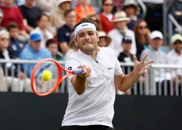 28th June 2025; Devonshire Park, Eastbourne, East Sussex, England; Lexus International Eastbourne, Day 6; Taylor Fritz (USA) plays a forehand shot against Jensen Brooksby (USA) in the mens singles final match  ActionPlus12806435 HongboxChen