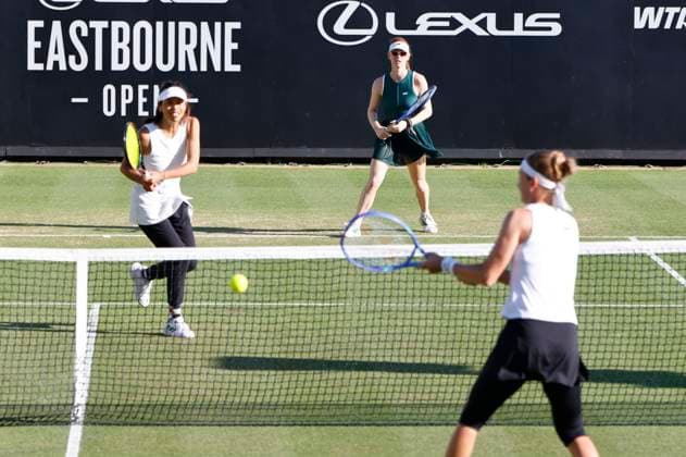 28th June 2025; Devonshire Park, Eastbourne, East Sussex, England; Lexus International Eastbourne, Day 6; Marie Bouzkova (CZE) returns a shot from Maya Joint (AUS) in the womens doubles final match  ActionPlus12806463 HongboxChen