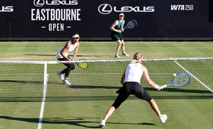 28th June 2025; Devonshire Park, Eastbourne, East Sussex, England; Lexus International Eastbourne, Day 6; Marie Bouzkova (CZE) returns a shot from Maya Joint (AUS) in the womens doubles final match  ActionPlus12806466 HongboxChen