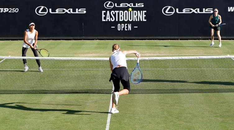 28th June 2025; Devonshire Park, Eastbourne, East Sussex, England; Lexus International Eastbourne, Day 6; Marie Bouzkova (CZE) plays an overhead shot against Maya Joint (AUS) in the womens doubles final match  ActionPlus12806467 HongboxChen