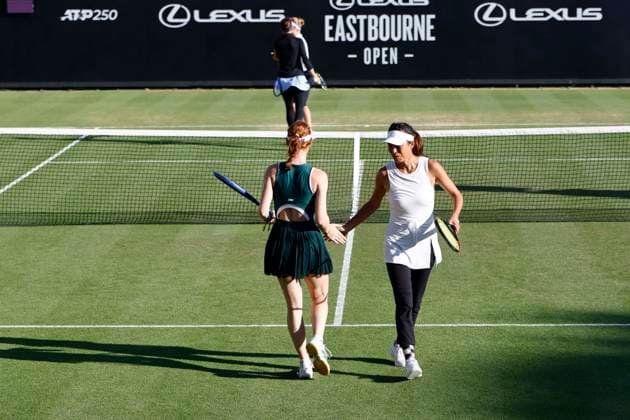 28th June 2025; Devonshire Park, Eastbourne, East Sussex, England; Lexus International Eastbourne, Day 6; Su-Wei Hsieh (TPE) shakes hands with Maya Joint (AUS) in the match against Marie Bouzkova (CZE) Anna Danilina (KAZ) in the womens doubles final  ActionPlus12806468 HongboxChen