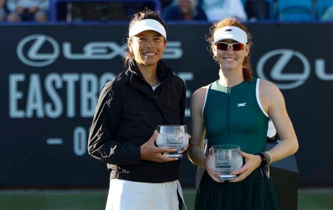 28th June 2025; Devonshire Park, Eastbourne, East Sussex, England; Lexus International Eastbourne, Day 6; Su-Wei Hsieh (TPE) and Maya Joint (AUS) with their womens doubles runners up trophies  ActionPlus12806473 HongboxChen
