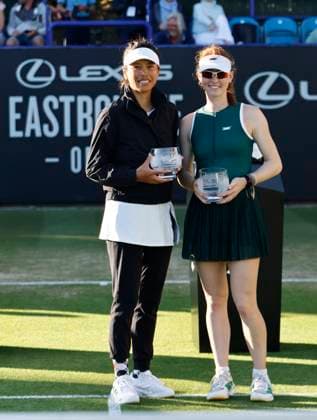 28th June 2025; Devonshire Park, Eastbourne, East Sussex, England; Lexus International Eastbourne, Day 6; Su-Wei Hsieh (TPE) and Maya Joint (AUS) with their womens doubles runners up trophies  ActionPlus12806474 HongboxChen