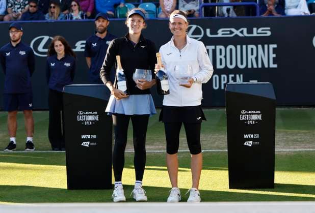 28th June 2025; Devonshire Park, Eastbourne, East Sussex, England; Lexus International Eastbourne, Day 6; Marie Bouzkova (CZE) and Anna Danilina (KAZ) with their womens doubles winners trophies  ActionPlus12806475 HongboxChen