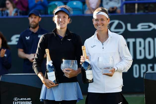 28th June 2025; Devonshire Park, Eastbourne, East Sussex, England; Lexus International Eastbourne, Day 6; Marie Bouzkova (CZE) and Anna Danilina (KAZ) with their womens doubles winners trophies  ActionPlus12806476 HongboxChen