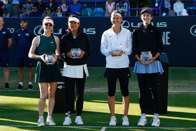 28th June 2025; Devonshire Park, Eastbourne, East Sussex, England; Lexus International Eastbourne, Day 6; Su-Wei Hsieh (TPE) and Maya Joint (AUS) with their runners up trophies and Marie Bouzkova (CZE) and Anna Danilina (KAZ) with their womens doubles winners trophies  ActionPlus12806477 HongboxChen