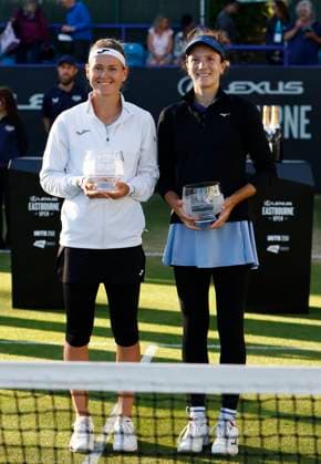 28th June 2025; Devonshire Park, Eastbourne, East Sussex, England; Lexus International Eastbourne, Day 6; Marie Bouzkova (CZE) and Anna Danilina (KAZ) with their womens doubles winners trophies  ActionPlus12806478 HongboxChen