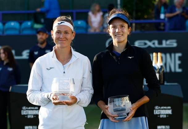 28th June 2025; Devonshire Park, Eastbourne, East Sussex, England; Lexus International Eastbourne, Day 6; Marie Bouzkova (CZE) and Anna Danilina (KAZ) with their womens doubles winners trophies  ActionPlus12806479 HongboxChen