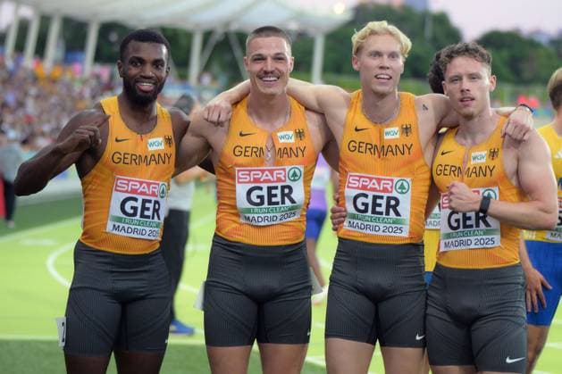 Bilder des Jahres 2025, Sport 06 Juni Sport Bilder des Tages Leichtathletik, athletics, Team Europameisterschaften, European Team Championships Super League 2025 ,1. Div Vallehermoso Stadium Madrid , 27.06.-29.06.2025 4x100m Männer Staffel , 4x100m Men relay , DLV Team Lucas peprah-Ansah , Julian Wagner, Marvin Schulte, Kevin Kranz, alle Deutschland, *** Leichtathletik, athletics, Team Europameisterschaften, European Team Championships Super League 2025 ,1 Div Vallehermoso Stadium Madrid , 27 06 29 06 2025 4x100m Men Relay , 4x100m Men relay , DLV Team Lucas peprah Ansah , Julian Wagner, Marvin Schulte, Kevin Kranz, all Germany,