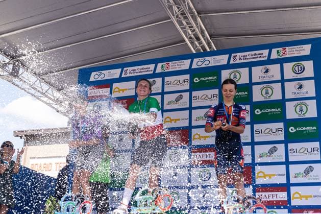 Italian Women s Road cycling, Rad, Radsport, Strasse Championship 2025 - Darfo Boario Terme The podium of the Italian Road Cycling Championship 2025 in Darfo Boario Terme, on June 28, 2025. , Italy, features Monica Trinca Colonel, Elisa Longo Borghini, and Eleonora Ciabocco from left to right Darfo Boario Terme Italy  Copyright: xTommasoxBerardix originalFilename:berardi-italianr250628_np11Y.jpg