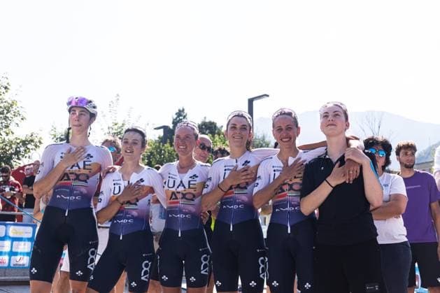Italian Women s Road cycling, Rad, Radsport, Strasse Championship 2025 - Darfo Boario Terme UAE ADQ Team supports Elisa Longo Borghini during the Italian Road Cycling Championship 2025 prize awarding ceremony in Darfo Boario Terme, on June 28, 2025. Darfo Boario Terme Italy  Copyright: xTommasoxBerardix originalFilename:berardi-italianr250628_npb33.jpg