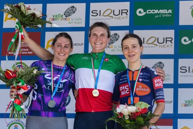 Italian Women s Road cycling, Rad, Radsport, Strasse Championship 2025 - Darfo Boario Terme The podium of the Italian Road Cycling Championship 2025 in Darfo Boario Terme, on June 28, 2025. , Italy, features Monica Trinca Colonel, Elisa Longo Borghini, and Eleonora Ciabocco from left to right Darfo Boario Terme Italy  Copyright: xTommasoxBerardix originalFilename:berardi-italianr250628_npXaV.jpg