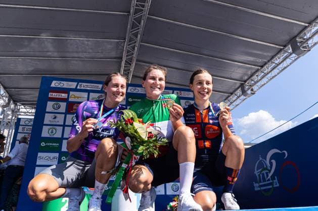 Italian Women s Road cycling, Rad, Radsport, Strasse Championship 2025 - Darfo Boario Terme The podium of the Italian Road Cycling Championship 2025 in Darfo Boario Terme, on June 28, 2025. , Italy, features Monica Trinca Colonel, Elisa Longo Borghini, and Eleonora Ciabocco from left to right Darfo Boario Terme Italy  Copyright: xTommasoxBerardix originalFilename:berardi-italianr250628_npafT.jpg