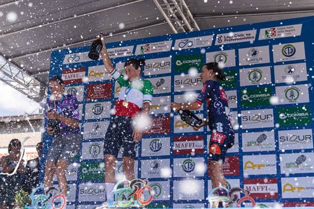 Italian Women s Road cycling, Rad, Radsport, Strasse Championship 2025 - Darfo Boario Terme The podium of the Italian Road Cycling Championship 2025 in Darfo Boario Terme, on June 28, 2025. , Italy, features Monica Trinca Colonel, Elisa Longo Borghini, and Eleonora Ciabocco from left to right Darfo Boario Terme Italy  Copyright: xTommasoxBerardix originalFilename:berardi-italianr250628_npAsM.jpg