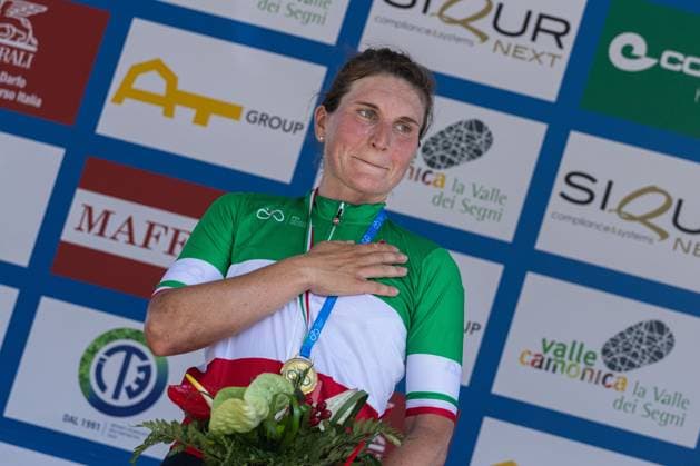 Italian Women s Road cycling, Rad, Radsport, Strasse Championship 2025 - Darfo Boario Terme Elisa Longo Borghini stands on the podium at the Italian Road Cycling Championship 2025 in Darfo Boario Terme, on June 28, 2025. Darfo Boario Terme Italy  Copyright: xTommasoxBerardix originalFilename:berardi-italianr250628_npbe9.jpg