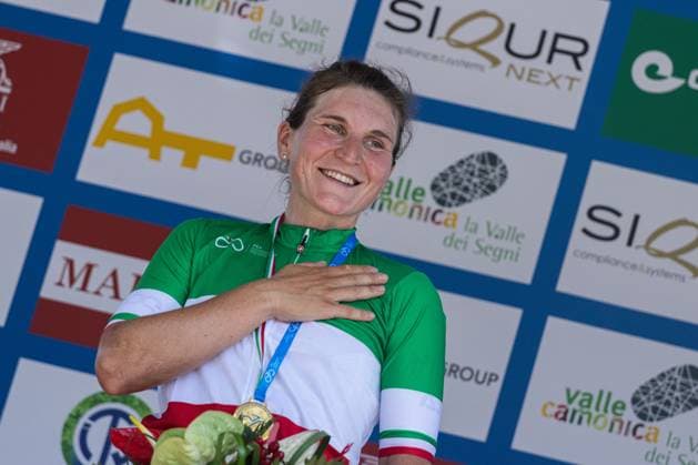 Italian Women s Road cycling, Rad, Radsport, Strasse Championship 2025 - Darfo Boario Terme Elisa Longo Borghini stands on the podium at the Italian Road Cycling Championship 2025 in Darfo Boario Terme, on June 28, 2025. Darfo Boario Terme Italy  Copyright: xTommasoxBerardix originalFilename:berardi-italianr250628_npEQH.jpg