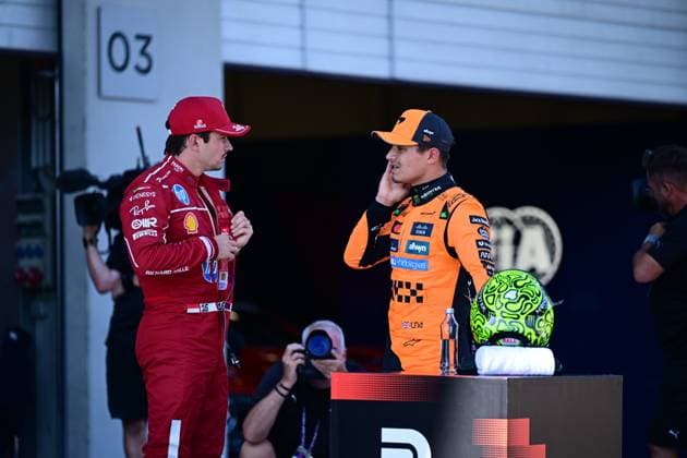 F1 Grand Prix of Austria - Qualifying Charles Leclerc of Scuderia Ferrari and Lando Norris of McLaren F1 Team celebrate after qualifying in Spielberg, Styria, Austria, on June 27, 2025, during the 12th round of the Formula 1 World Championship, WM, Weltmeisterschaft Spielberg Styria Austria  Copyright: xAndreaxDiodatox originalFilename:diodato-formula1250627_npSwl.jpg