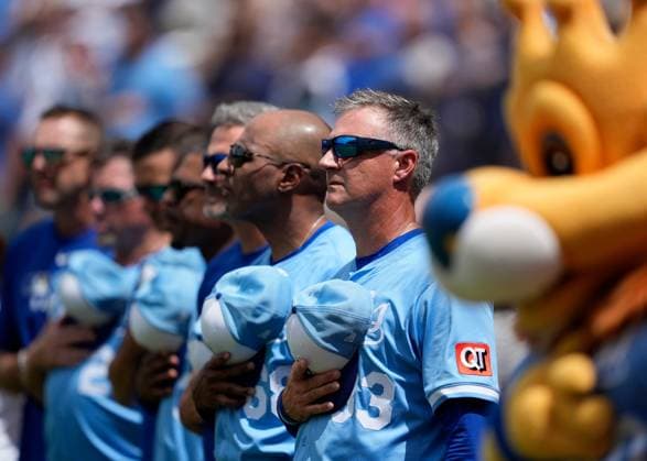 June 28, 2025: Kansas City Royals manager Matt Quatraro (33) and his coaching staff honor America at the National Anthem against the Dodgers at Kauffman Stadium Kansas City, Missouri. CSM. Kansas City United States - ZUMAc04_ 20250628_zma_c04_008 Copyright: xJonxRobichaudx