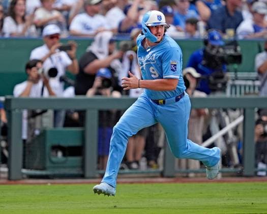 June 28, 2025: Kansas City Royals first base Vinnie Pasquantino (9) sprints for home after a double by Kansas City Royals catcher Salvador Perez (13) against the Dodgers at Kauffman Stadium Kansas City, Missouri. CSM. Kansas City United States - ZUMAc04_ 20250628_zma_c04_016 Copyright: xJonxRobichaudx