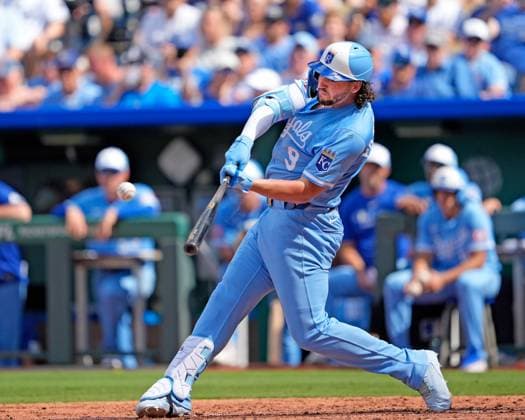 June 28, 2025: Kansas City Royals first base Vinnie Pasquantino (9) drives a 3 run home run in the 5th inning against the Dodgers at Kauffman Stadium Kansas City, Missouri. CSM. Kansas City United States - ZUMAc04_ 20250628_zma_c04_017 Copyright: xJonxRobichaudx