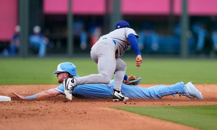 June 28, 2025: Los Angeles Dodgers second base Hyeseong Kim (6) makes the tag on Kansas City Royals outfielder Drew Waters (8) although initially called safe, was overturned to an out against the Dodgers at Kauffman Stadium Kansas City, Missouri. CSM. Kansas City United States - ZUMAc04_ 20250628_zma_c04_023 Copyright: xJonxRobichaudx