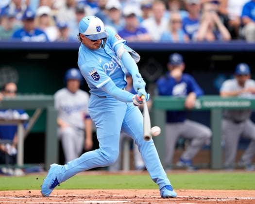 June 28, 2025: Kansas City Royals shortstop Bobby Witt Jr. (7) hits a single in the 1st inning on route to a 4 hit game against the Dodgers at Kauffman Stadium Kansas City, Missouri. CSM. Kansas City United States - ZUMAc04_ 20250628_zma_c04_022 Copyright: xJonxRobichaudx