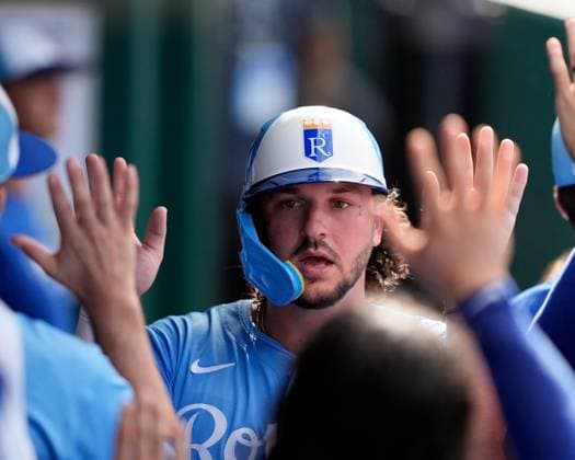 June 28, 2025: Kansas City Royals first base Vinnie Pasquantino (9) celebrates a score against the Dodgers at Kauffman Stadium Kansas City, Missouri. CSM. Kansas City United States - ZUMAc04_ 20250628_zma_c04_028 Copyright: xJonxRobichaudx