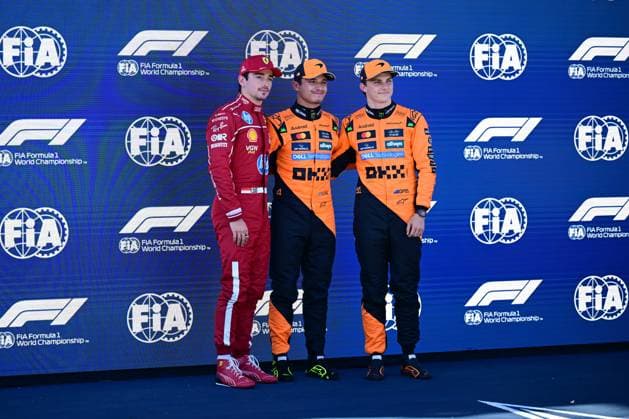 F1 Grand Prix of Austria - Qualifying Charles Leclerc of Scuderia Ferrari, Lando Norris, and Oscar Piastri of McLaren F1 Team celebrate after qualifying during the 12th round of the Formula 1 World Championship, WM, Weltmeisterschaft in Red Bull Ring, Spielberg, Styria, Austria, on June 27, 2025. Spielberg Styria Austria  Copyright: xAndreaxDiodatox originalFilename:diodato-formula1250627_npILX.jpg