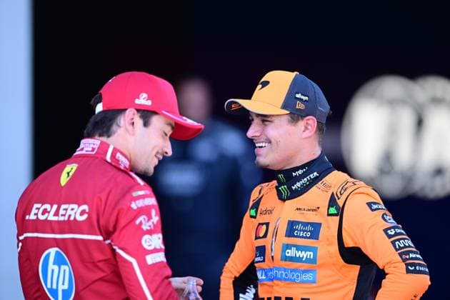 F1 Grand Prix of Austria - Qualifying Charles Leclerc of Scuderia Ferrari and Lando Norris of McLaren F1 Team celebrate after qualifying in Spielberg, Styria, Austria, on June 28, 2025, during the 12th round of the Formula 1 World Championship, WM, Weltmeisterschaft Spielberg Styria Austria  Copyright: xAndreaxDiodatox originalFilename:diodato-formula1250628_npk2H.jpg