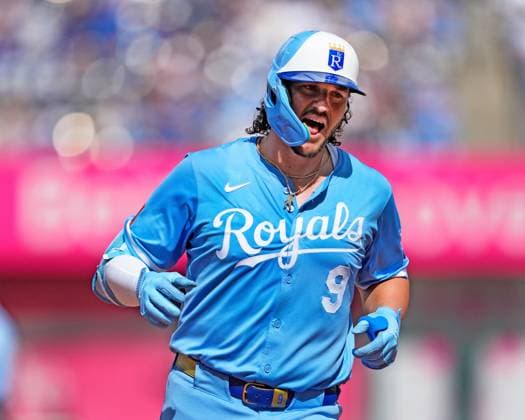 June 28, 2025: Kansas City Royals first base Vinnie Pasquantino (9) celebrates a home run as he rounds the bases against the Dodgers at Kauffman Stadium Kansas City, Missouri. CSM. Kansas City United States - ZUMAc04_ 20250628_zma_c04_038 Copyright: xJonxRobichaudx