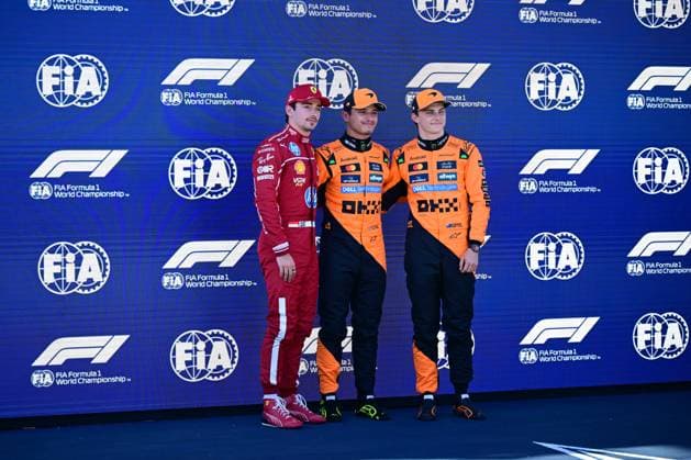 F1 Grand Prix of Austria - Qualifying Charles Leclerc of Scuderia Ferrari, Lando Norris, and Oscar Piastri of McLaren F1 Team celebrate after qualifying during the 12th round of the Formula 1 World Championship, WM, Weltmeisterschaft in Red Bull Ring, Spielberg, Styria, Austria, on June 27, 2025. Spielberg Styria Austria  Copyright: xAndreaxDiodatox originalFilename:diodato-formula1250627_np1Ak.jpg