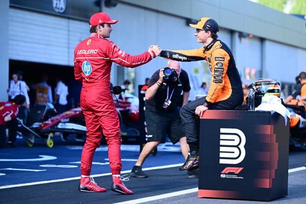 F1 Grand Prix of Austria - Qualifying Charles Leclerc of Scuderia Ferrari and Oscar Piastri of McLaren F1 Team celebrate after qualifying in Spielberg, Styria, Austria, on June 27, 2025, during the 12th round of the Formula 1 World Championship, WM, Weltmeisterschaft Spielberg Styria Austria  Copyright: xAndreaxDiodatox originalFilename:diodato-formula1250627_npRS1.jpg