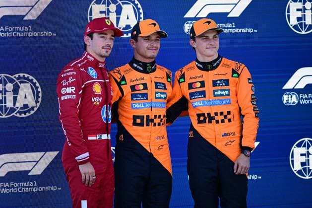 F1 Grand Prix of Austria - Qualifying Charles Leclerc of Scuderia Ferrari, Lando Norris, and Oscar Piastri of McLaren F1 Team celebrate after qualifying during the 12th round of the Formula 1 World Championship, WM, Weltmeisterschaft in Red Bull Ring, Spielberg, Styria, Austria, on June 27, 2025. Spielberg Styria Austria  Copyright: xAndreaxDiodatox originalFilename:diodato-formula1250627_npcLA.jpg