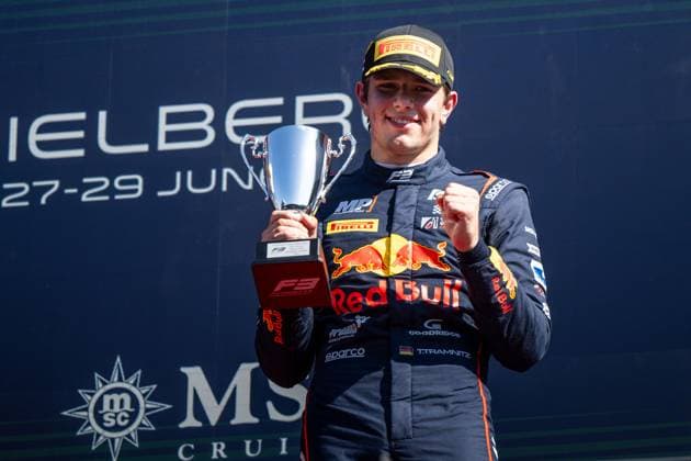 Tim Tramnitz Germany, MP Motorsport, Red Bull Junior celebrates on the podium at the podium ceremony with trophy for 3rd place, AUT, FIA Formula 3 Championship, MSC Cruises Grand Prix of Austria, Red Bull Ring Spielberg, Main race, 2025 season, 29 06 2025 AUT, FIA Formula 3 Championship, MSC Cruises Grand Prix of Austria, Red Bull Ring Spielberg, Main race, 2025 season, 29 06 2025 Spielberg Copyright: xEibner-Pressefoto Memmlerx EP_MMR