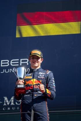 Tim Tramnitz Germany, MP Motorsport, Red Bull Junior celebrates on the podium at the podium ceremony with trophy for 3rd place, AUT, FIA Formula 3 Championship, MSC Cruises Grand Prix of Austria, Red Bull Ring Spielberg, Main race, 2025 season, 29 06 2025 AUT, FIA Formula 3 Championship, MSC Cruises Grand Prix of Austria, Red Bull Ring Spielberg, Main race, 2025 season, 29 06 2025 Spielberg Copyright: xEibner-Pressefoto Memmlerx EP_MMR