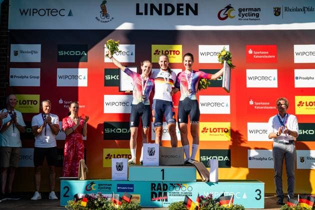 NIEDERMAIER Antonia, KOCH Franziska, KLÖSER Rosa Maria National Championships Road Cycling 2025 RR NIEDERMAIER Antonia GER Second Place KOCH Franziska GER TEAM PICNIC POSTNL TPP NED Winner First Place KLÖSER Rosa Maria GER Third Place CANYON SRAM ZONDACKYPTO CSZ GER Award Ceremony Medal Ceremony Podium landscape horizontal Landscape Event Event National Championships Road Cycling Category Category Cycling Road Cycling Elite Women Location Place Europe Germany Rheinland Pfalz Start Linden Finish Linden Rheinland Pfalz Discipline Road Race RR National Championships Distance 118 8 km Date Date 28 06 2025 Saturday
