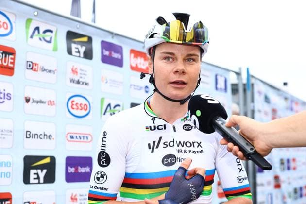 Belgian Lotte Kopecky of SD Worx-Protime talks to the press before the women s elite road race of the Belgian Cycling Championships, 132,8 km from and to the Grand Place square in Binche on Sunday 29 June 2025. DAVIDxPINTENS  x128045069x
