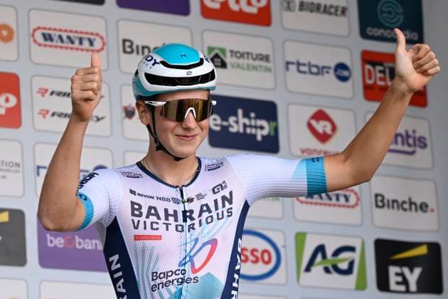 Belgian 2025 National Championship Binche 29 06 2025 BINCHE, BELGIUM - JUNE 29 : Van Mechelen Vlad of Bahrain - Victorious during the Men Elite cycling road race of the Belgian National Championships 2025 an UCI National Championships cycling race of 230 km with start in Binche and finish in Binche on June 29, 2025 in Binche, Belgium, 29 06 2025 ( Motordriver Guy De Vuyst - Binche Belgium  Copyright: xNicoxVereeckenx