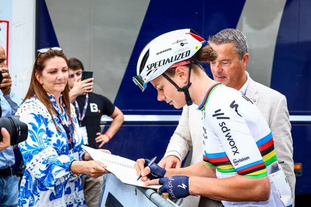 Belgian Lotte Kopecky of SD Worx-Protime pictured before the women s elite road race of the Belgian Cycling Championships, 132,8 km from and to the Grand Place square in Binche on Sunday 29 June 2025. DAVIDxPINTENS  x128047908x