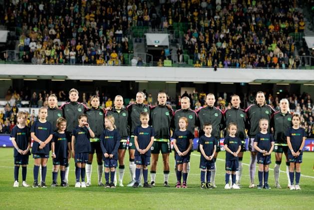 SOCCER AUSTRALIA SLOVENIA, The Matildas sing the national anthem before the Women s friendly international soccer match between Australia and Slovenia at HBF Park in Perth, Sunday, June 29, 2025. ( NO ARCHIVING, EDITORIAL USE ONLY PERTH WESTERN AUSTRALIA AUSTRALIA  Copyright: xRICHARDxWAINWRIGHTx 20250629173645340251